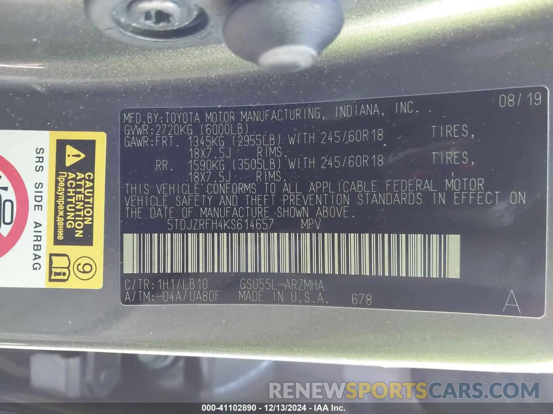 9 Photograph of a damaged car 5TDJZRFH4KS614657 TOYOTA HIGHLANDER 2019