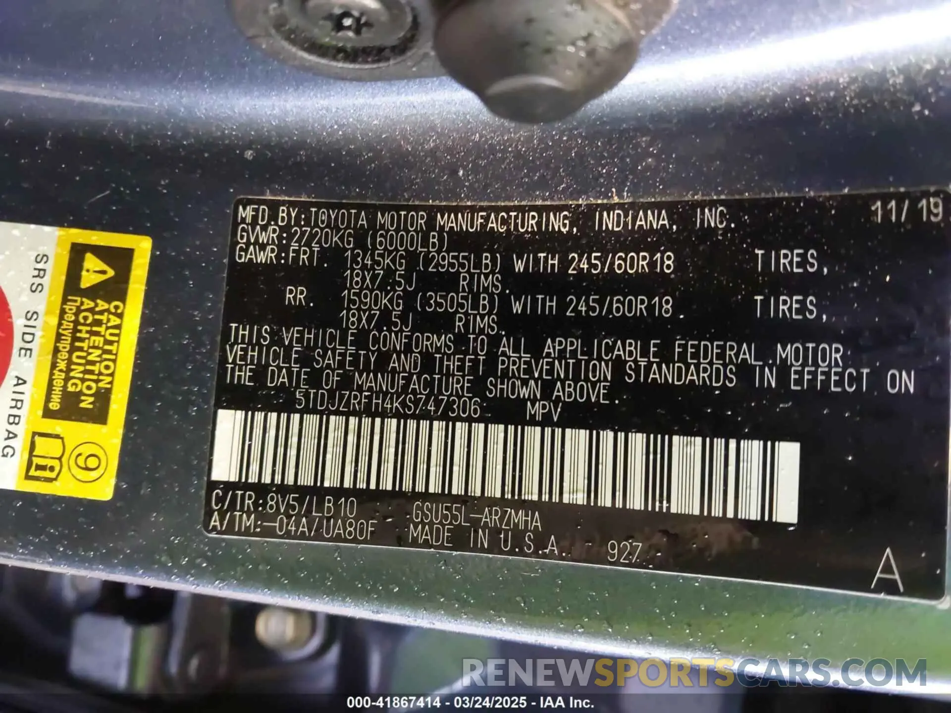 9 Photograph of a damaged car 5TDJZRFH4KS747306 TOYOTA HIGHLANDER 2019