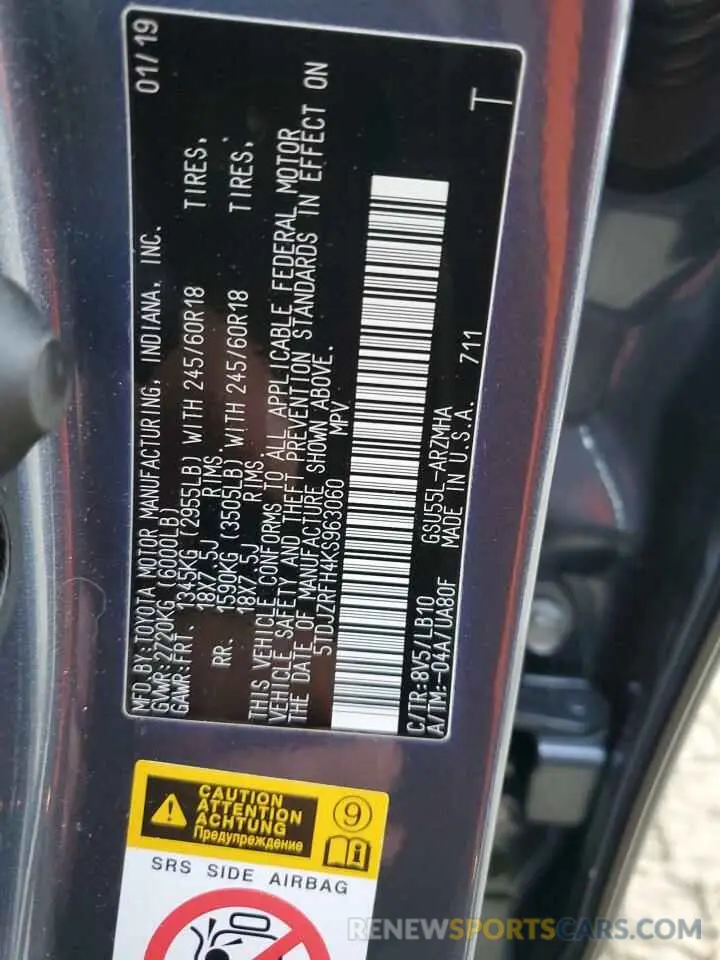 13 Photograph of a damaged car 5TDJZRFH4KS963060 TOYOTA HIGHLANDER 2019
