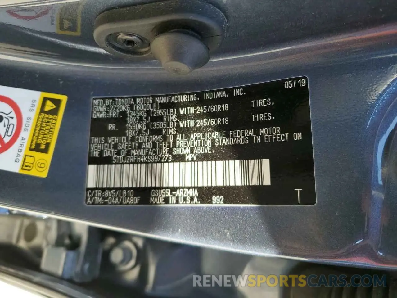 14 Photograph of a damaged car 5TDJZRFH4KS997273 TOYOTA HIGHLANDER 2019