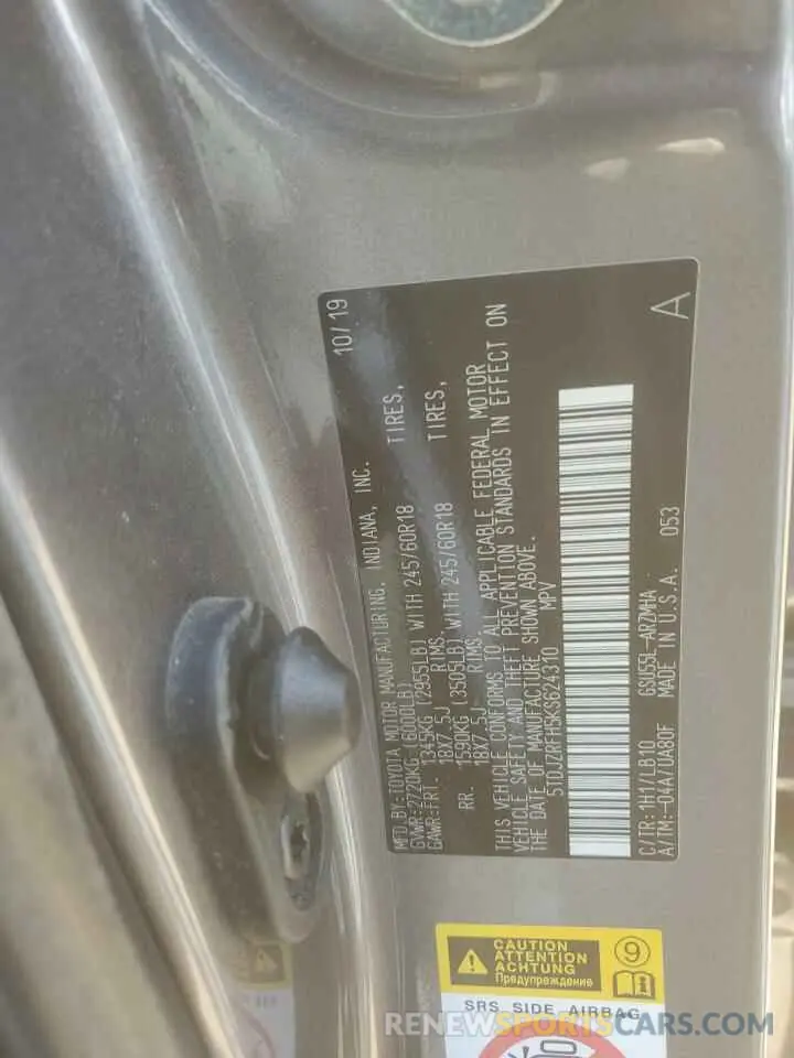 14 Photograph of a damaged car 5TDJZRFH5KS624310 TOYOTA HIGHLANDER 2019
