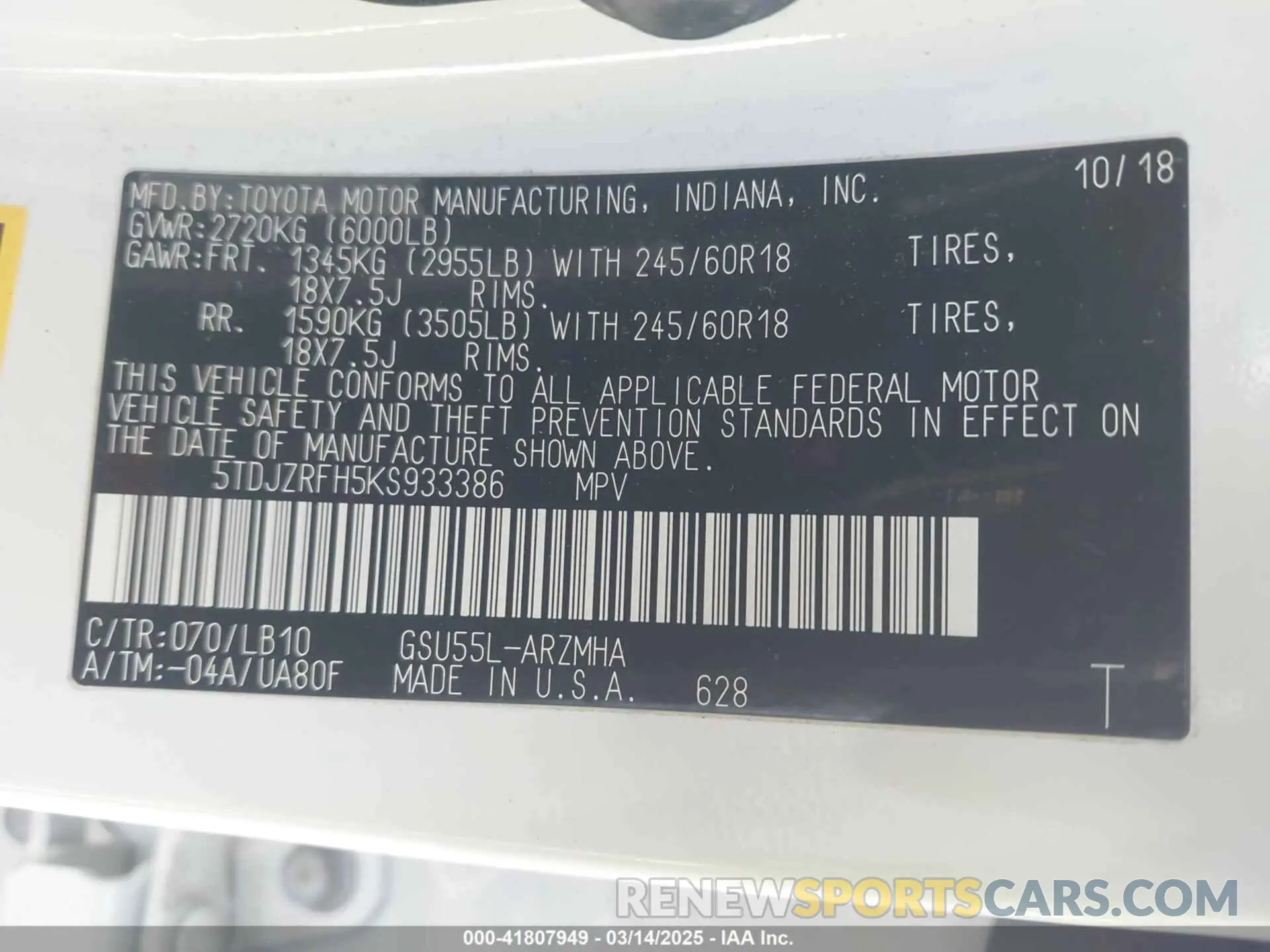 9 Photograph of a damaged car 5TDJZRFH5KS933386 TOYOTA HIGHLANDER 2019