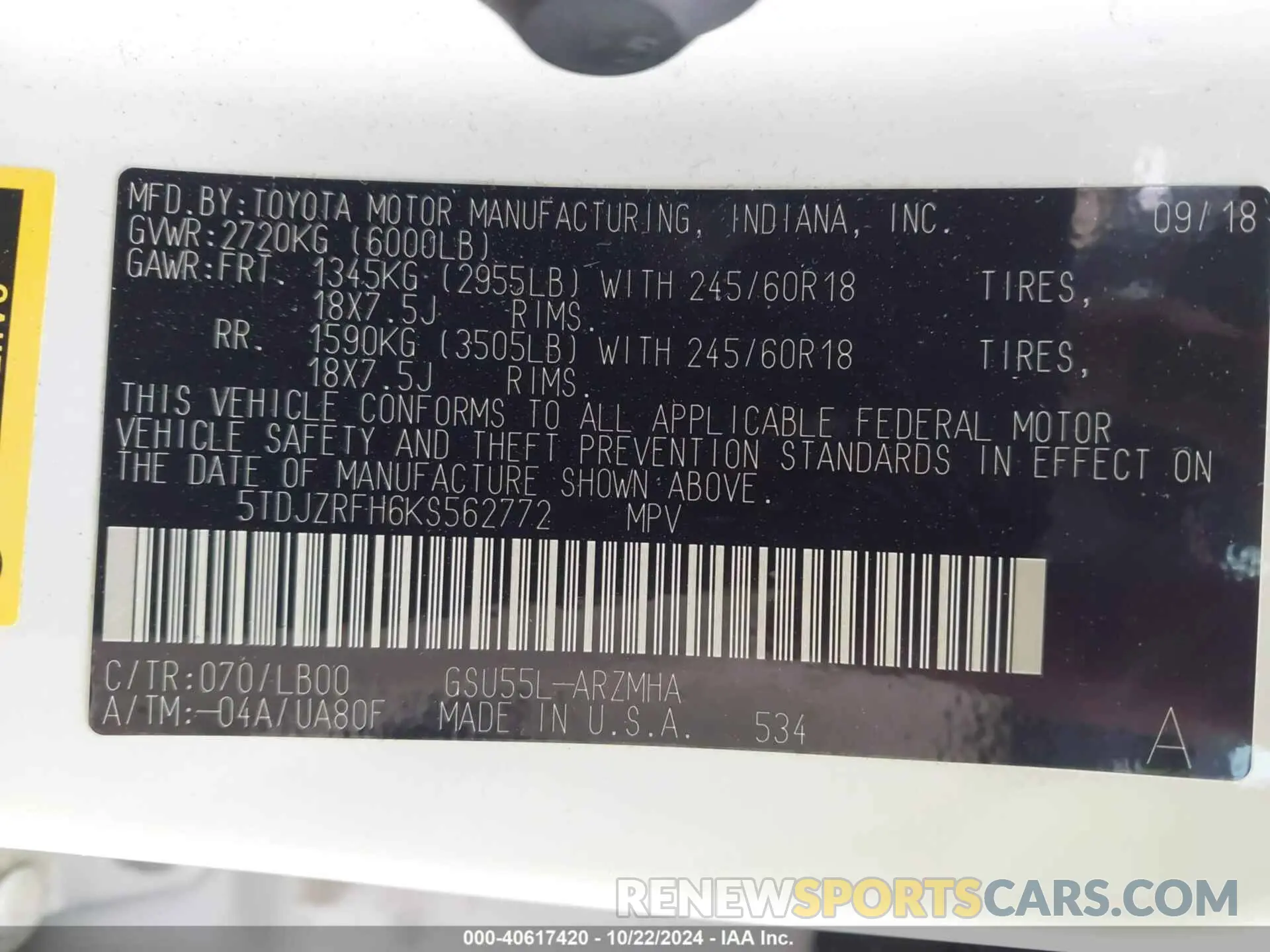 9 Photograph of a damaged car 5TDJZRFH6KS562772 TOYOTA HIGHLANDER 2019