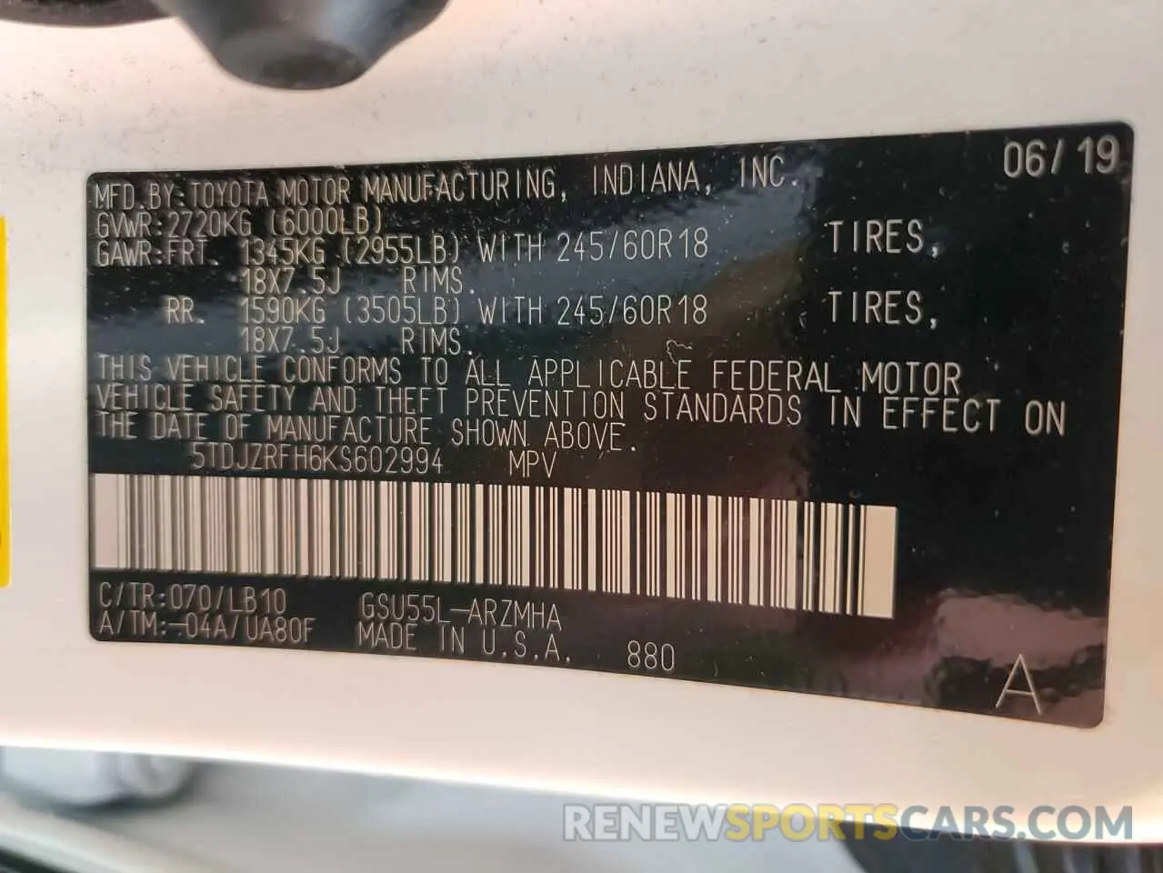15 Photograph of a damaged car 5TDJZRFH6KS602994 TOYOTA HIGHLANDER 2019