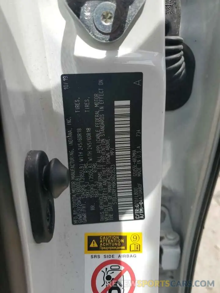 13 Photograph of a damaged car 5TDJZRFH6KS623523 TOYOTA HIGHLANDER 2019