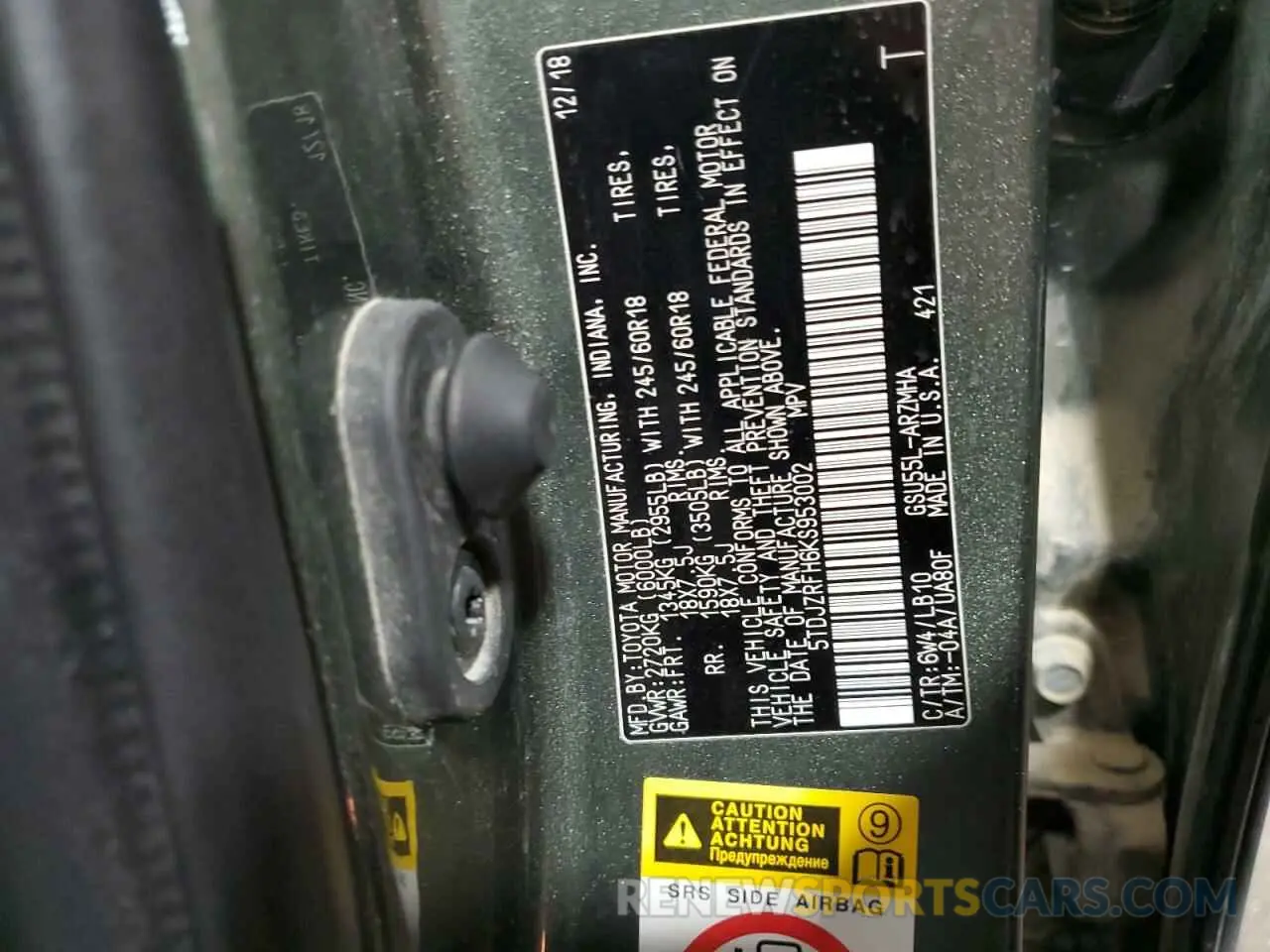 14 Photograph of a damaged car 5TDJZRFH6KS953002 TOYOTA HIGHLANDER 2019