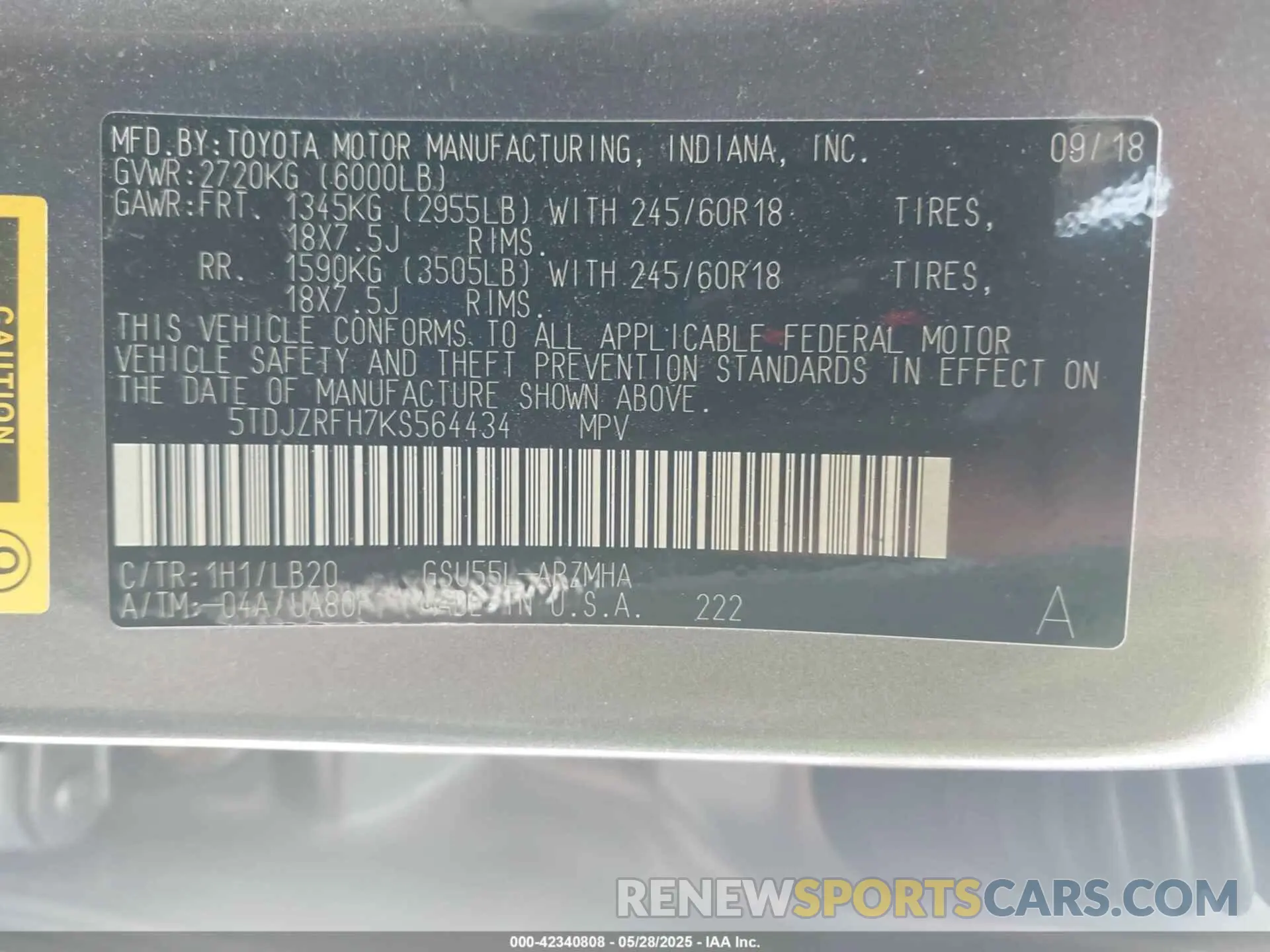9 Photograph of a damaged car 5TDJZRFH7KS564434 TOYOTA HIGHLANDER 2019