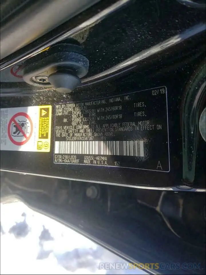 10 Photograph of a damaged car 5TDJZRFH7KS587387 TOYOTA HIGHLANDER 2019