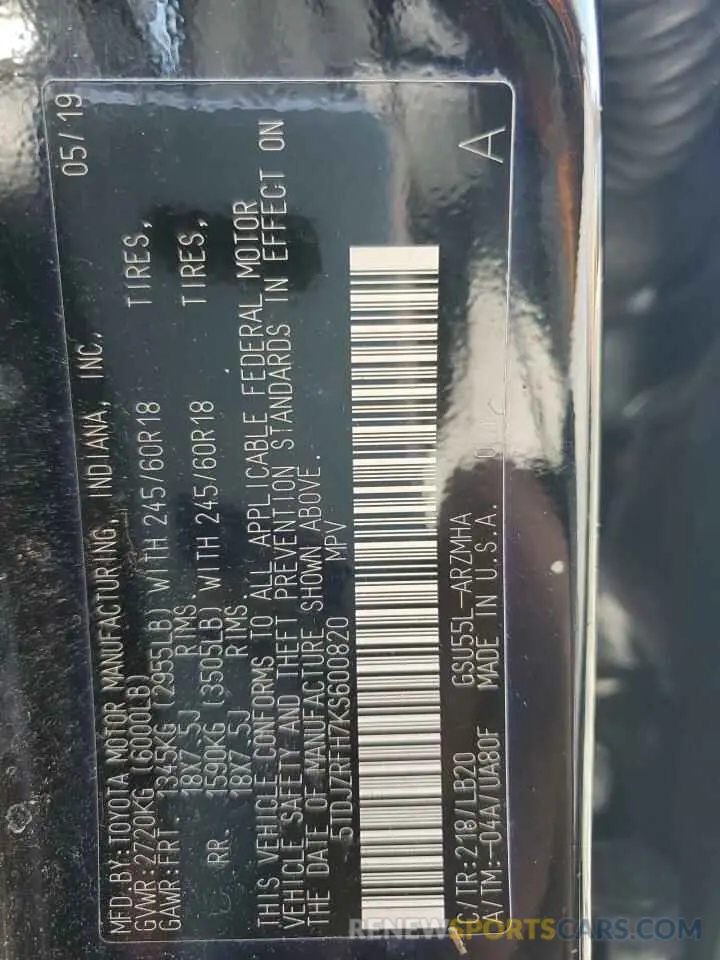 13 Photograph of a damaged car 5TDJZRFH7KS600820 TOYOTA HIGHLANDER 2019