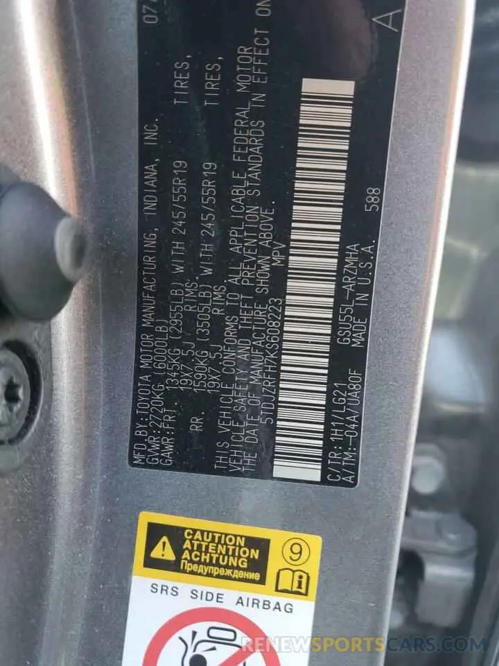 13 Photograph of a damaged car 5TDJZRFH7KS608223 TOYOTA HIGHLANDER 2019