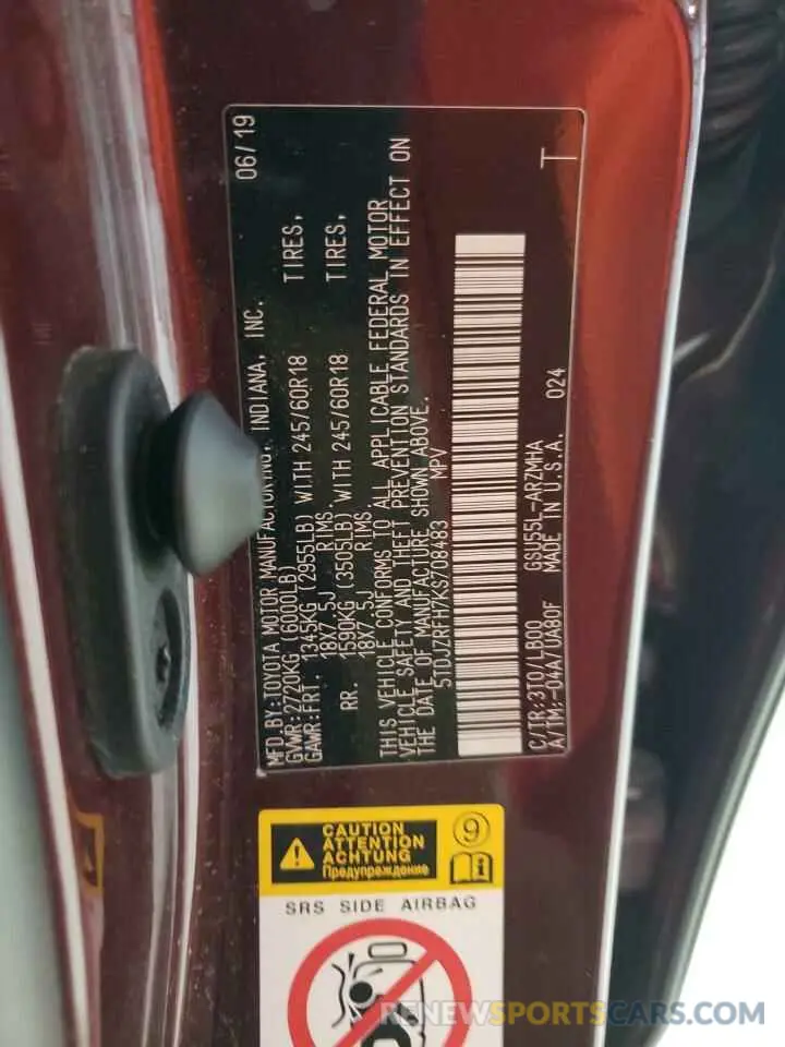 14 Photograph of a damaged car 5TDJZRFH7KS708483 TOYOTA HIGHLANDER 2019