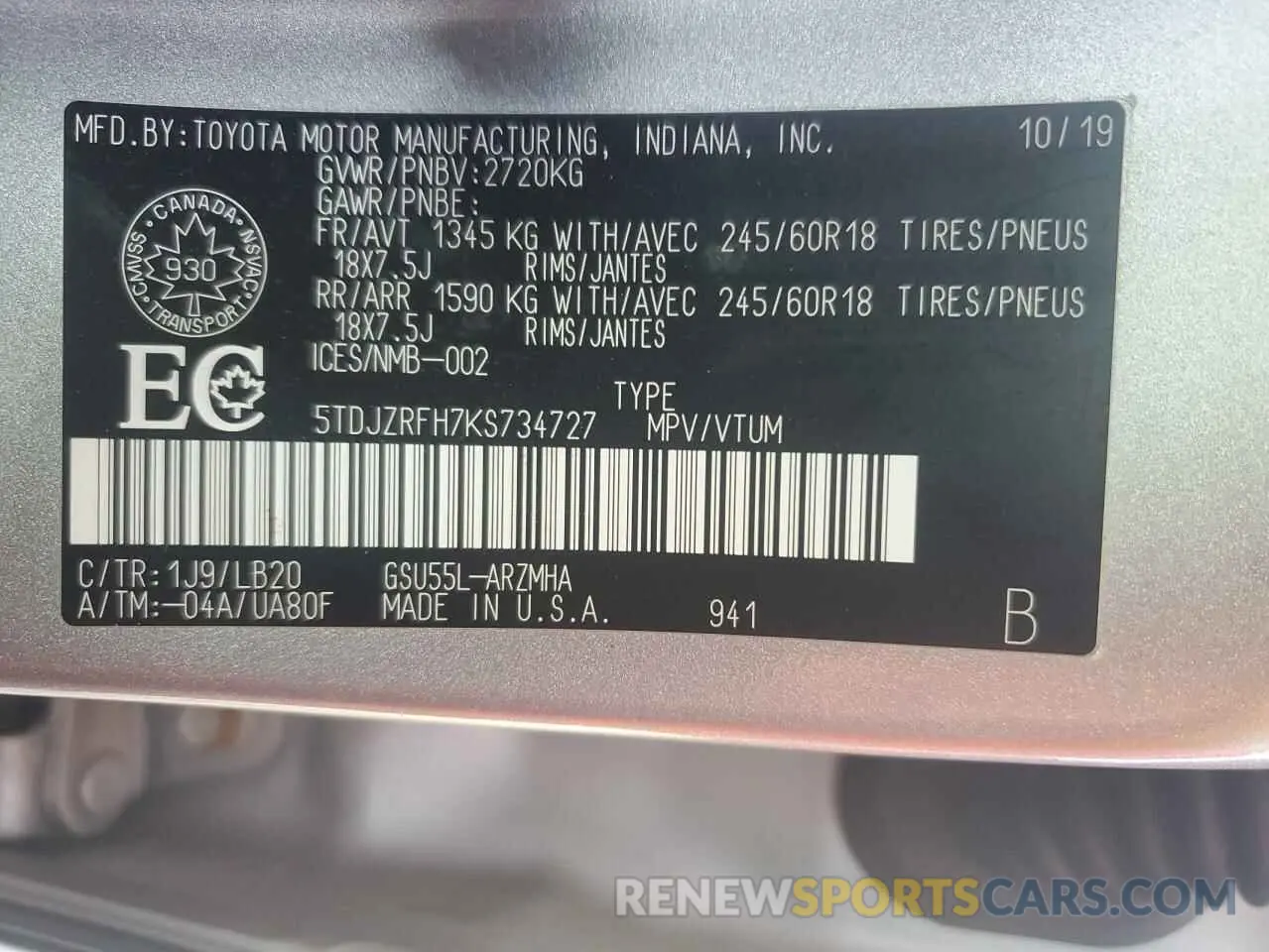14 Photograph of a damaged car 5TDJZRFH7KS734727 TOYOTA HIGHLANDER 2019
