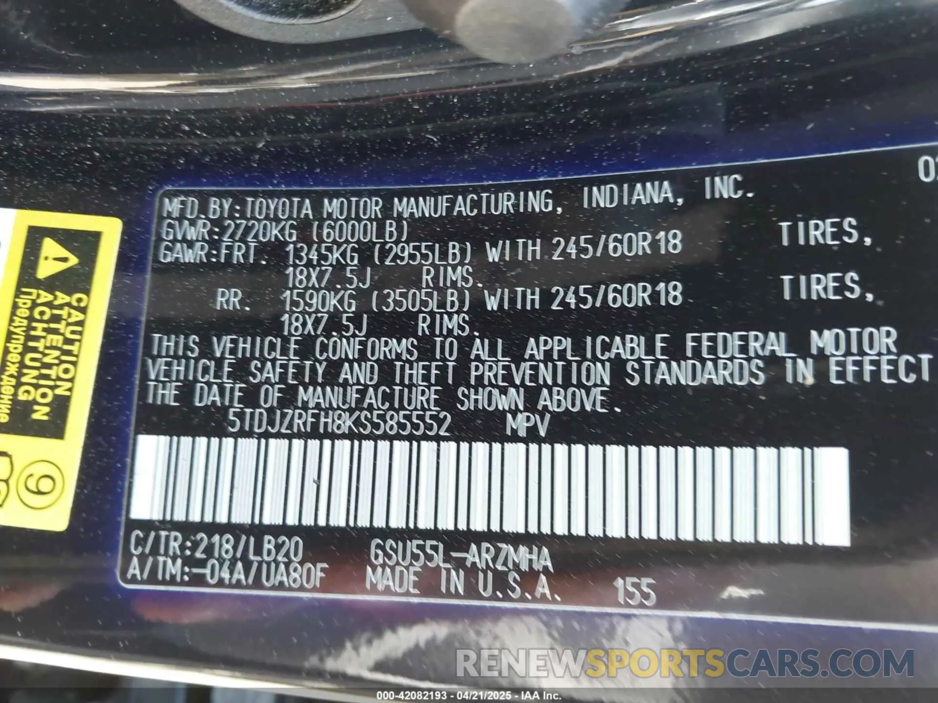 9 Photograph of a damaged car 5TDJZRFH8KS585552 TOYOTA HIGHLANDER 2019