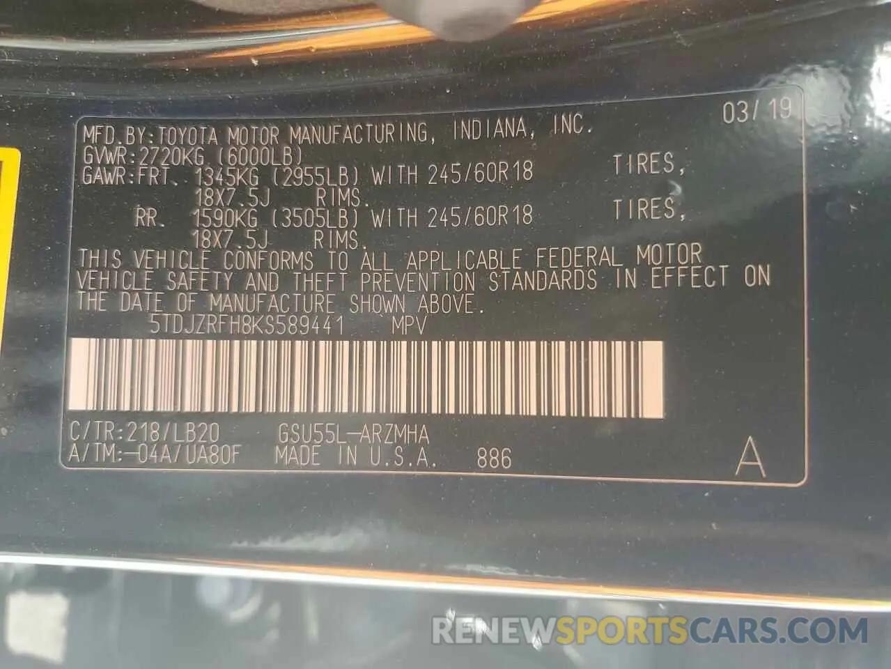 15 Photograph of a damaged car 5TDJZRFH8KS589441 TOYOTA HIGHLANDER 2019