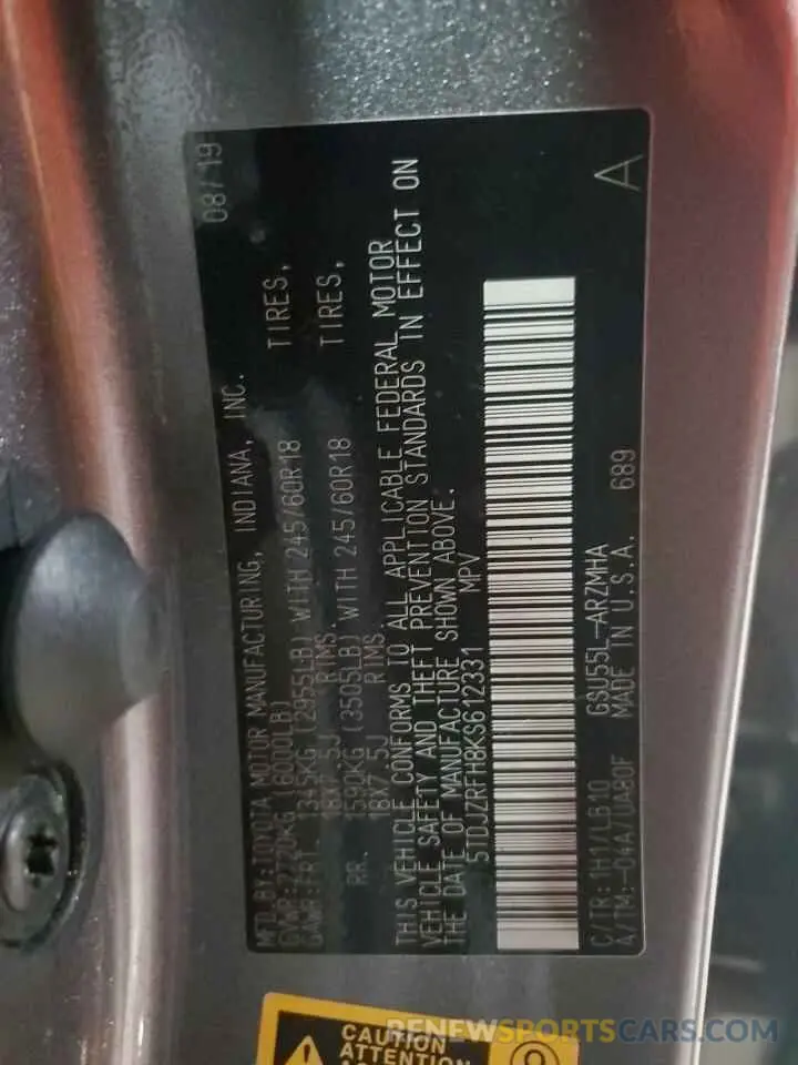 14 Photograph of a damaged car 5TDJZRFH8KS612331 TOYOTA HIGHLANDER 2019