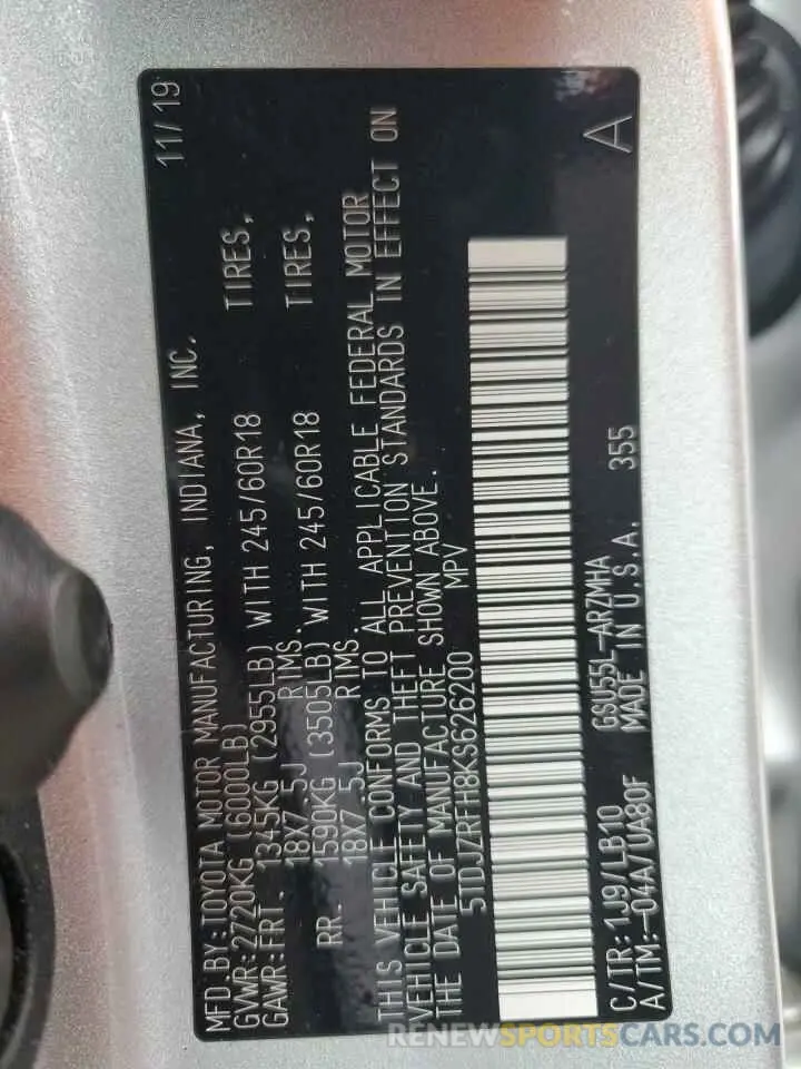 14 Photograph of a damaged car 5TDJZRFH8KS626200 TOYOTA HIGHLANDER 2019