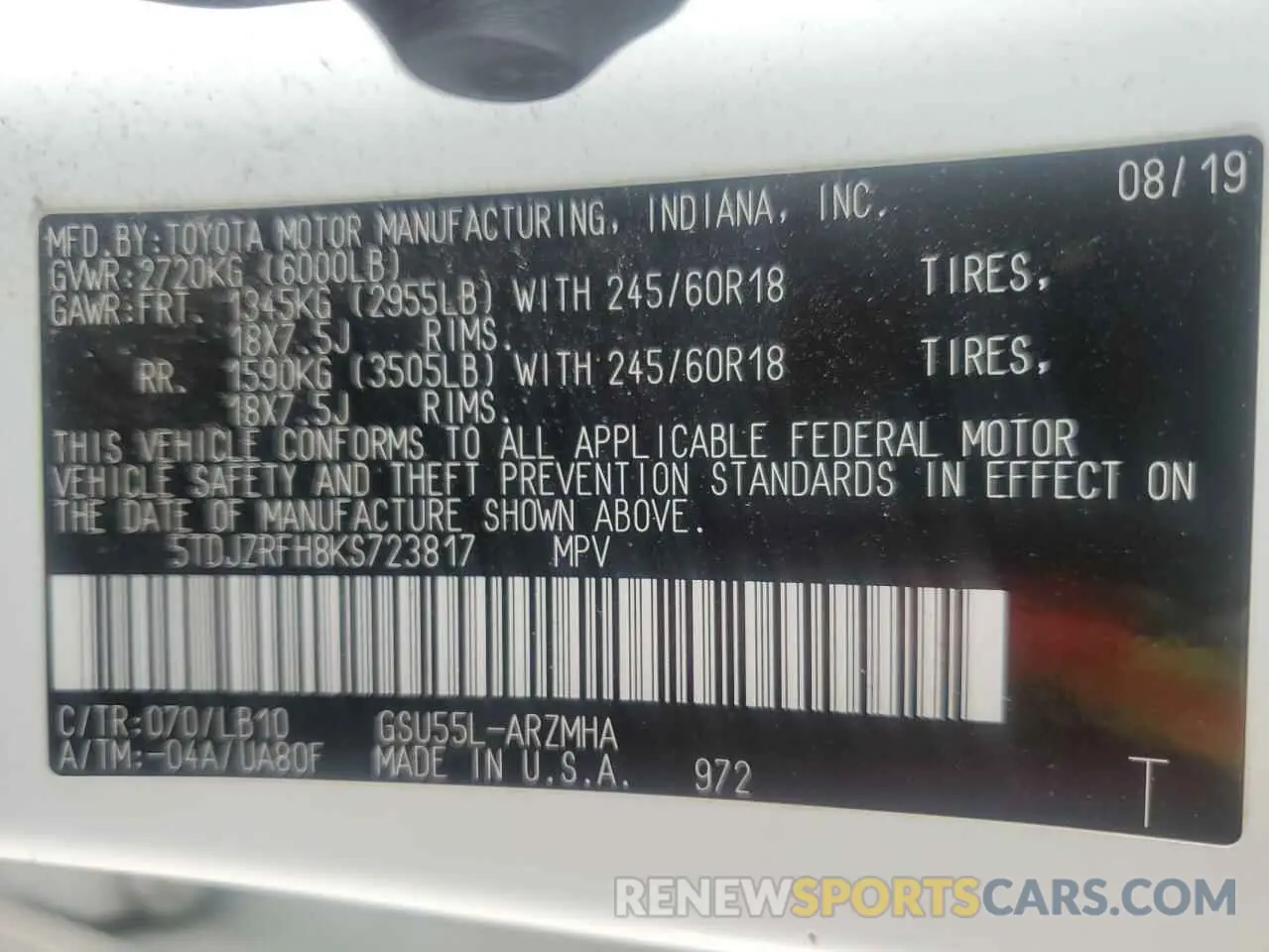 15 Photograph of a damaged car 5TDJZRFH8KS723817 TOYOTA HIGHLANDER 2019