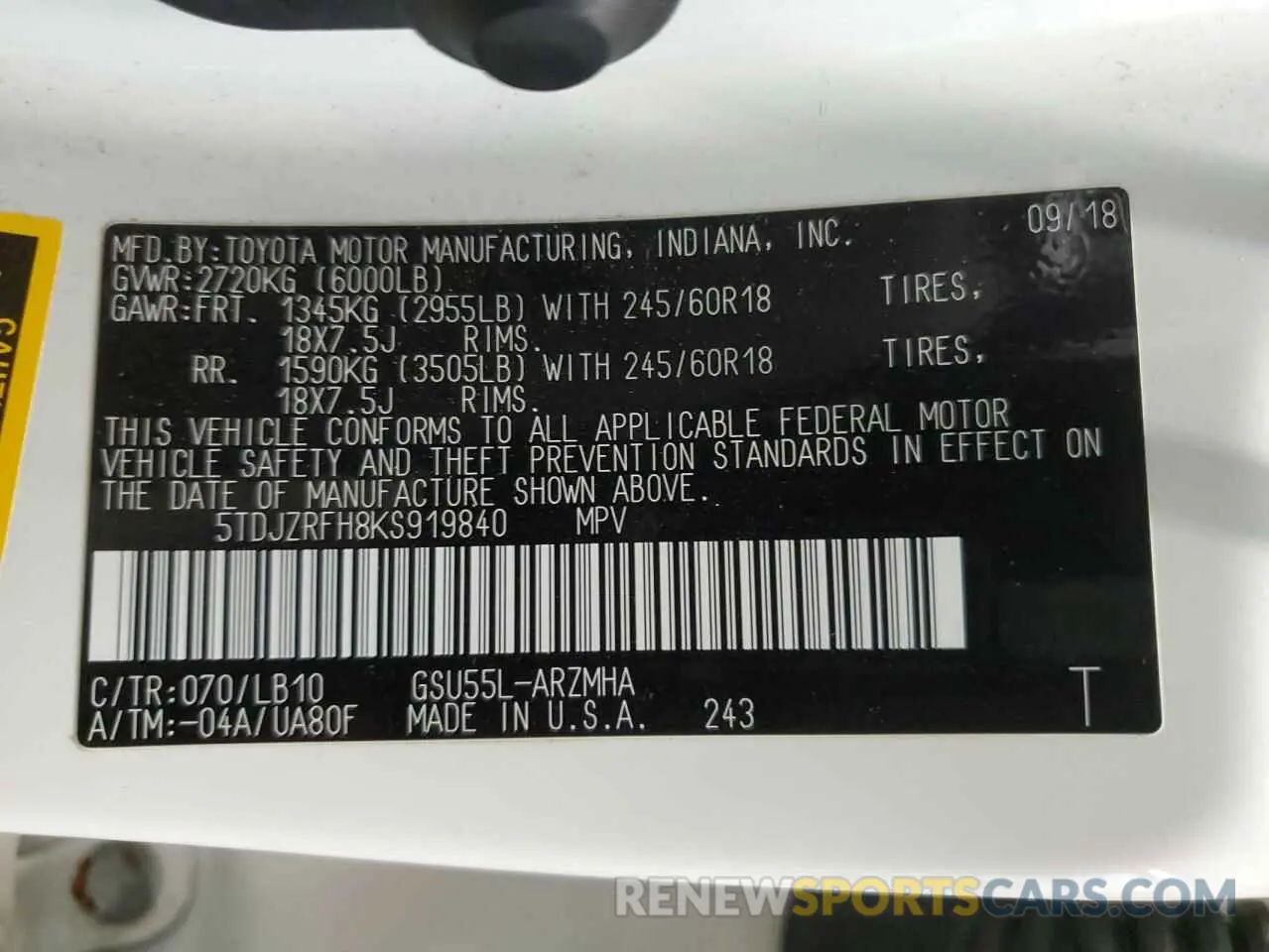 13 Photograph of a damaged car 5TDJZRFH8KS919840 TOYOTA HIGHLANDER 2019