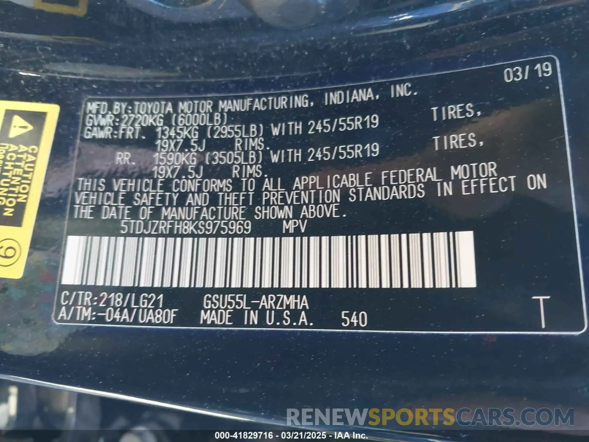9 Photograph of a damaged car 5TDJZRFH8KS975969 TOYOTA HIGHLANDER 2019