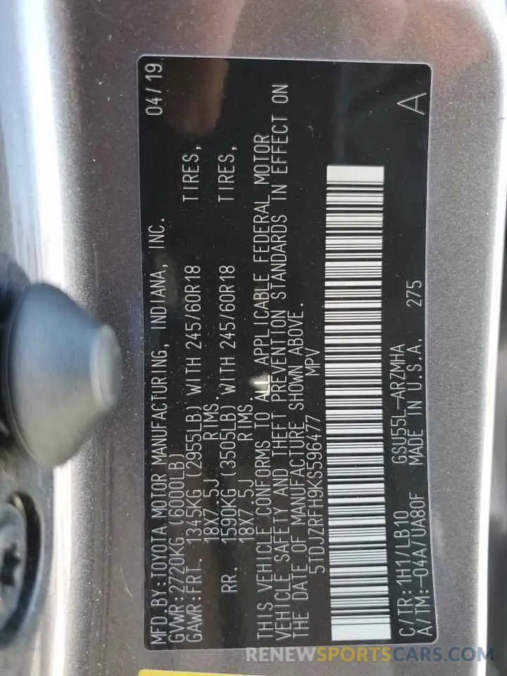 13 Photograph of a damaged car 5TDJZRFH9KS596477 TOYOTA HIGHLANDER 2019