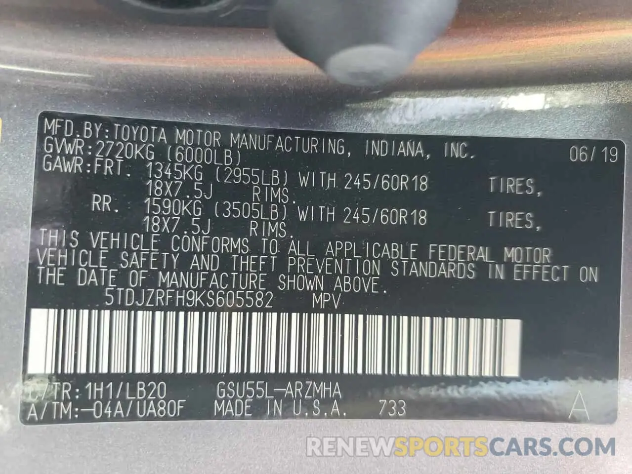 14 Photograph of a damaged car 5TDJZRFH9KS605582 TOYOTA HIGHLANDER 2019
