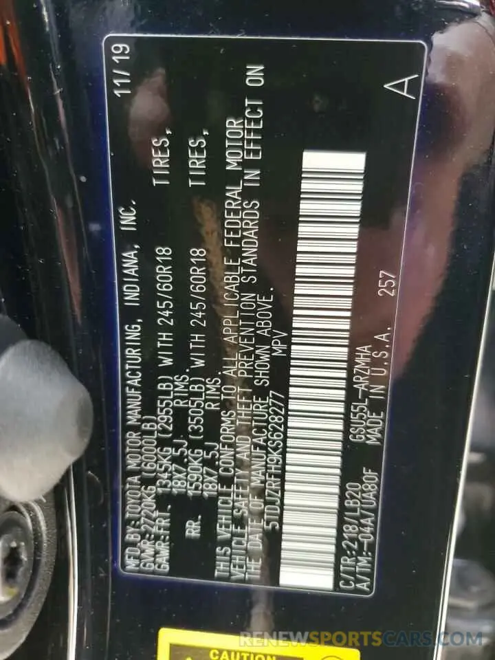 14 Photograph of a damaged car 5TDJZRFH9KS628277 TOYOTA HIGHLANDER 2019