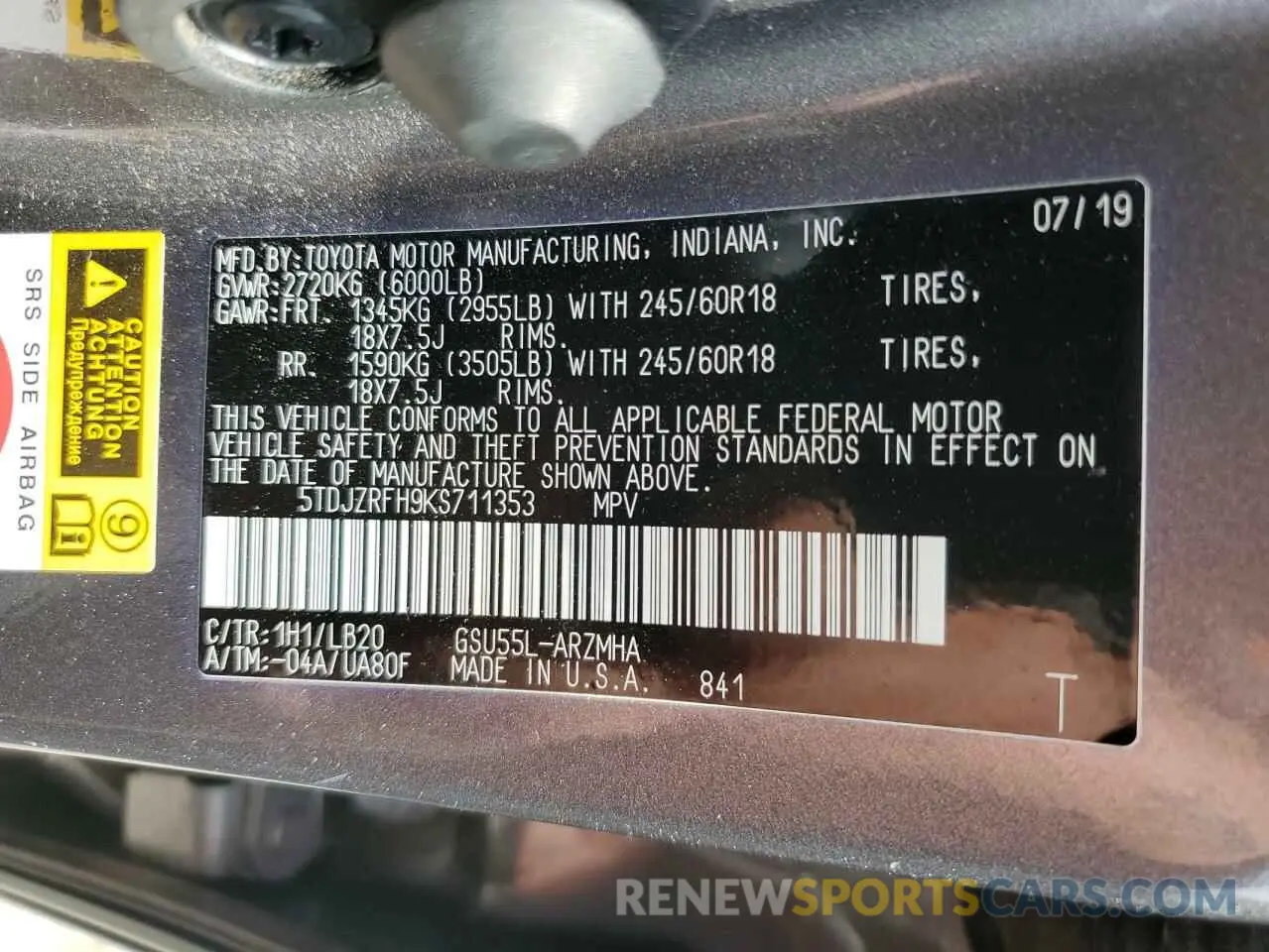 13 Photograph of a damaged car 5TDJZRFH9KS711353 TOYOTA HIGHLANDER 2019