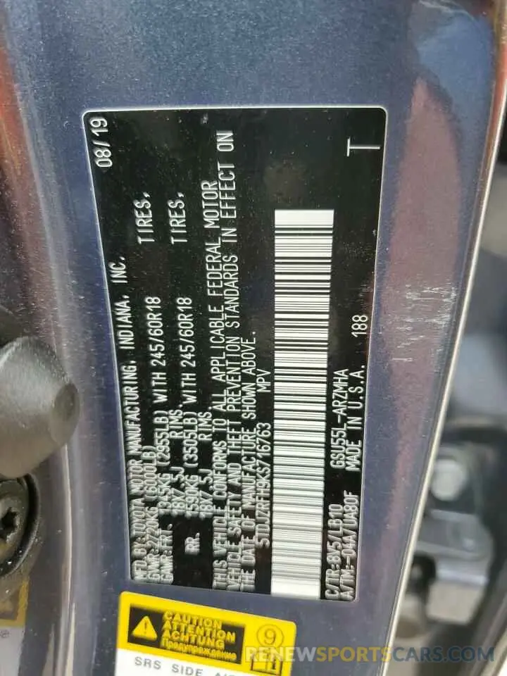 13 Photograph of a damaged car 5TDJZRFH9KS716763 TOYOTA HIGHLANDER 2019