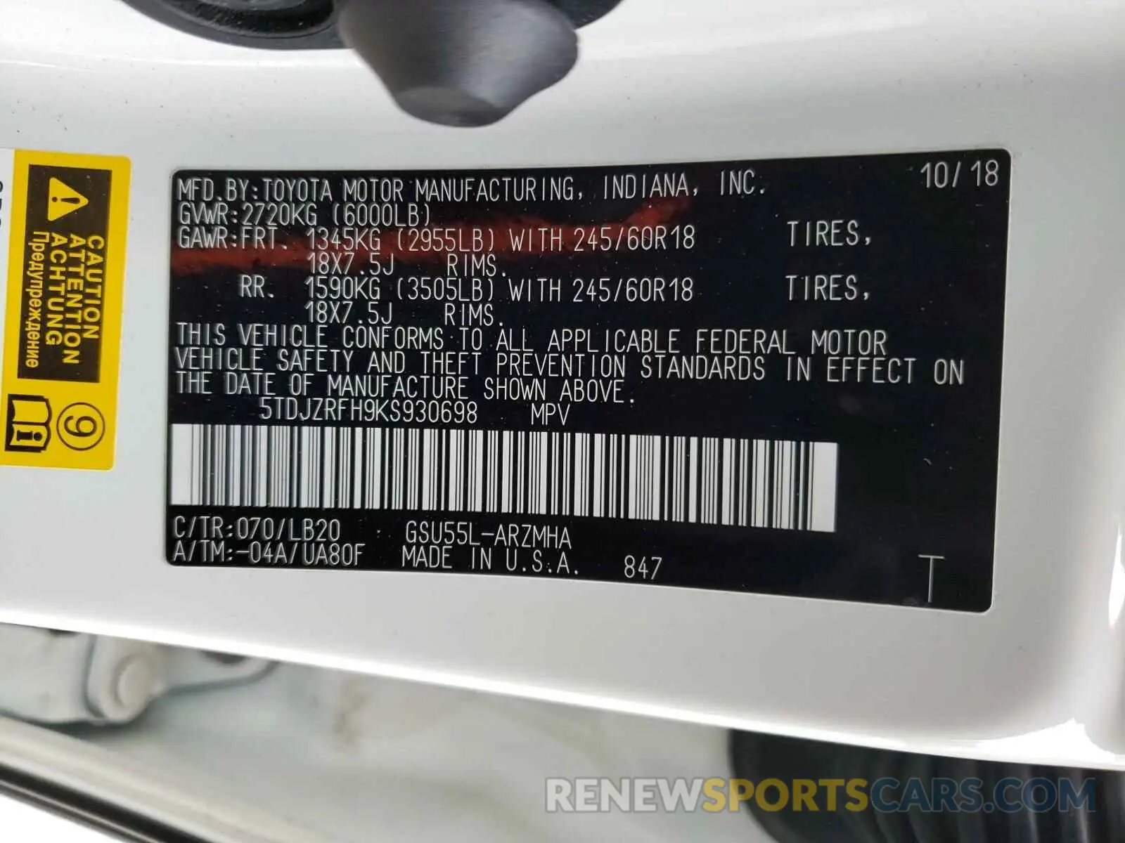 10 Photograph of a damaged car 5TDJZRFH9KS930698 TOYOTA HIGHLANDER 2019
