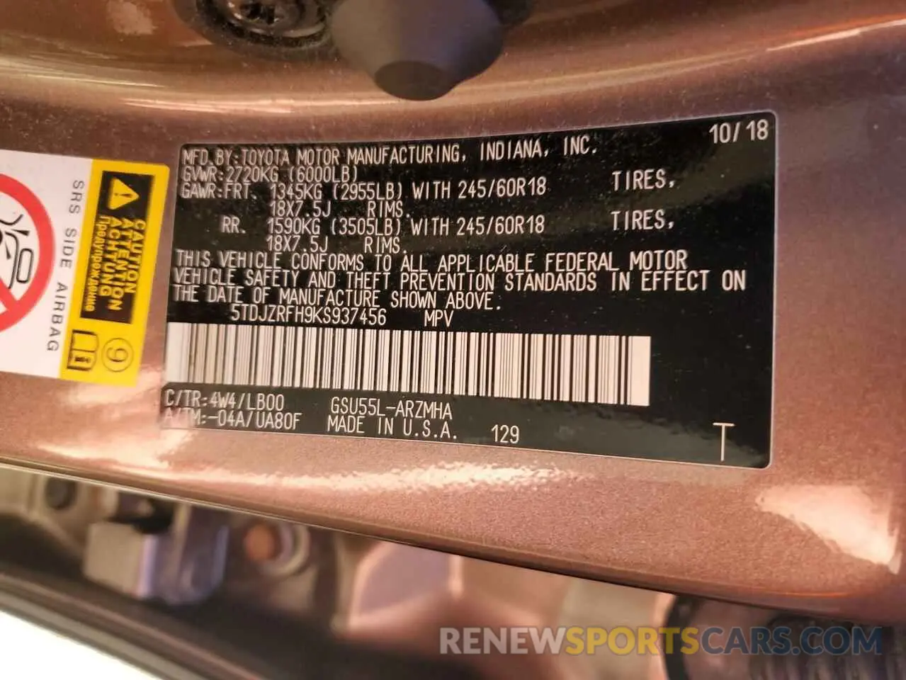 13 Photograph of a damaged car 5TDJZRFH9KS937456 TOYOTA HIGHLANDER 2019