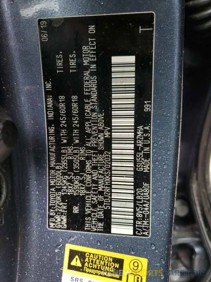 14 Photograph of a damaged car 5TDJZRFHXKS702032 TOYOTA HIGHLANDER 2019