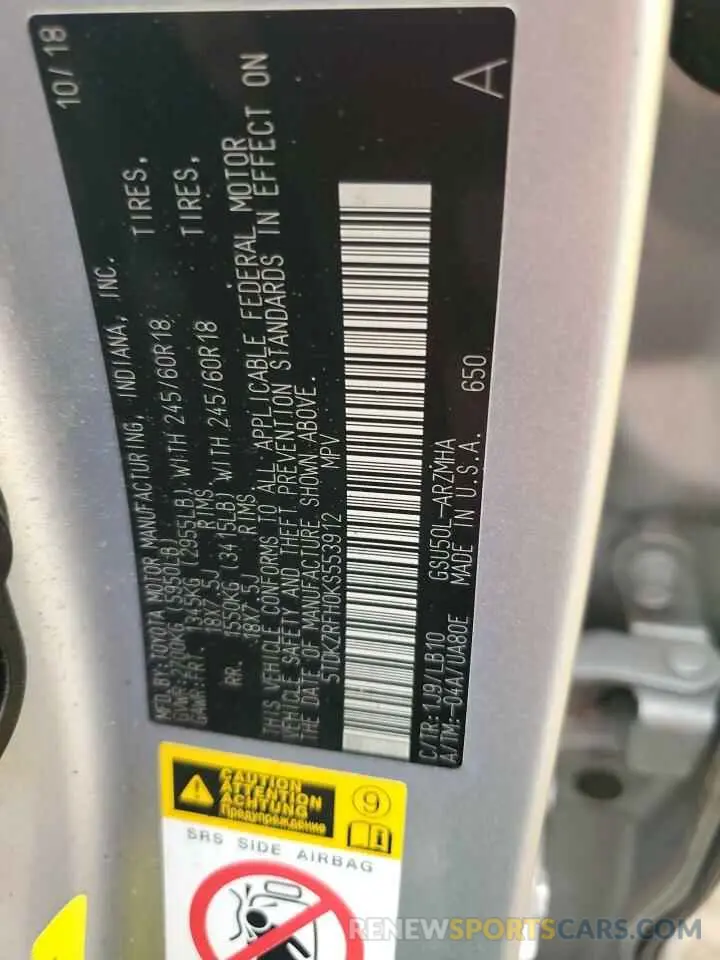 13 Photograph of a damaged car 5TDKZRFH0KS553912 TOYOTA HIGHLANDER 2019