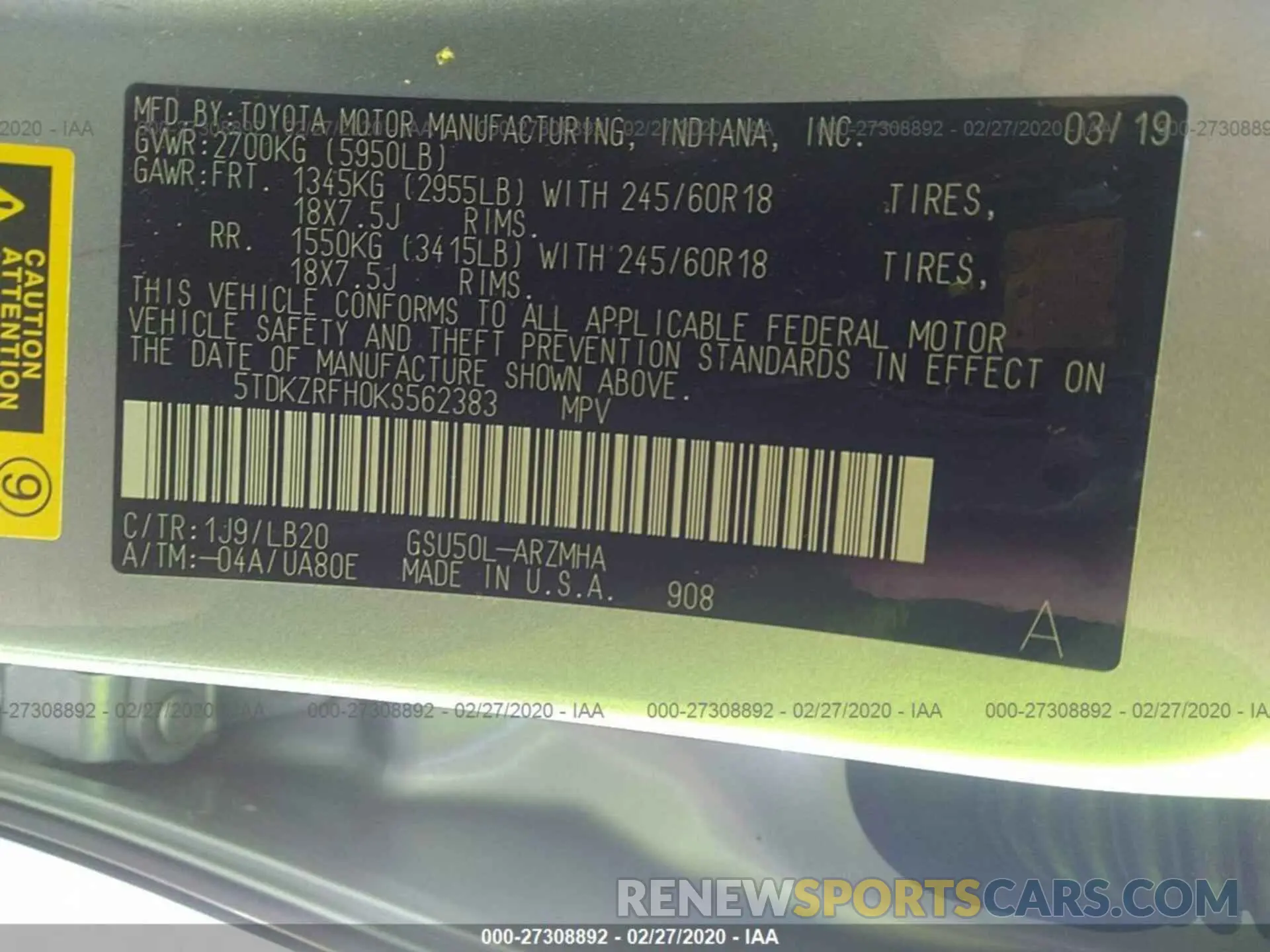 9 Photograph of a damaged car 5TDKZRFH0KS562383 TOYOTA HIGHLANDER 2019