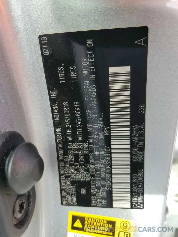 13 Photograph of a damaged car 5TDKZRFH0KS569107 TOYOTA HIGHLANDER 2019