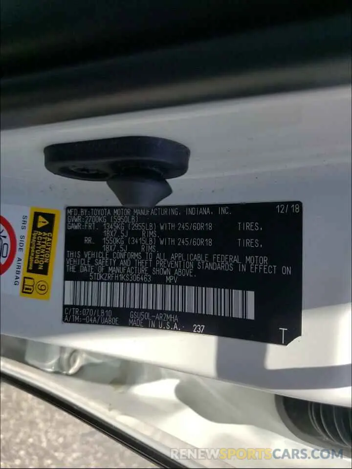 10 Photograph of a damaged car 5TDKZRFH1KS306463 TOYOTA HIGHLANDER 2019