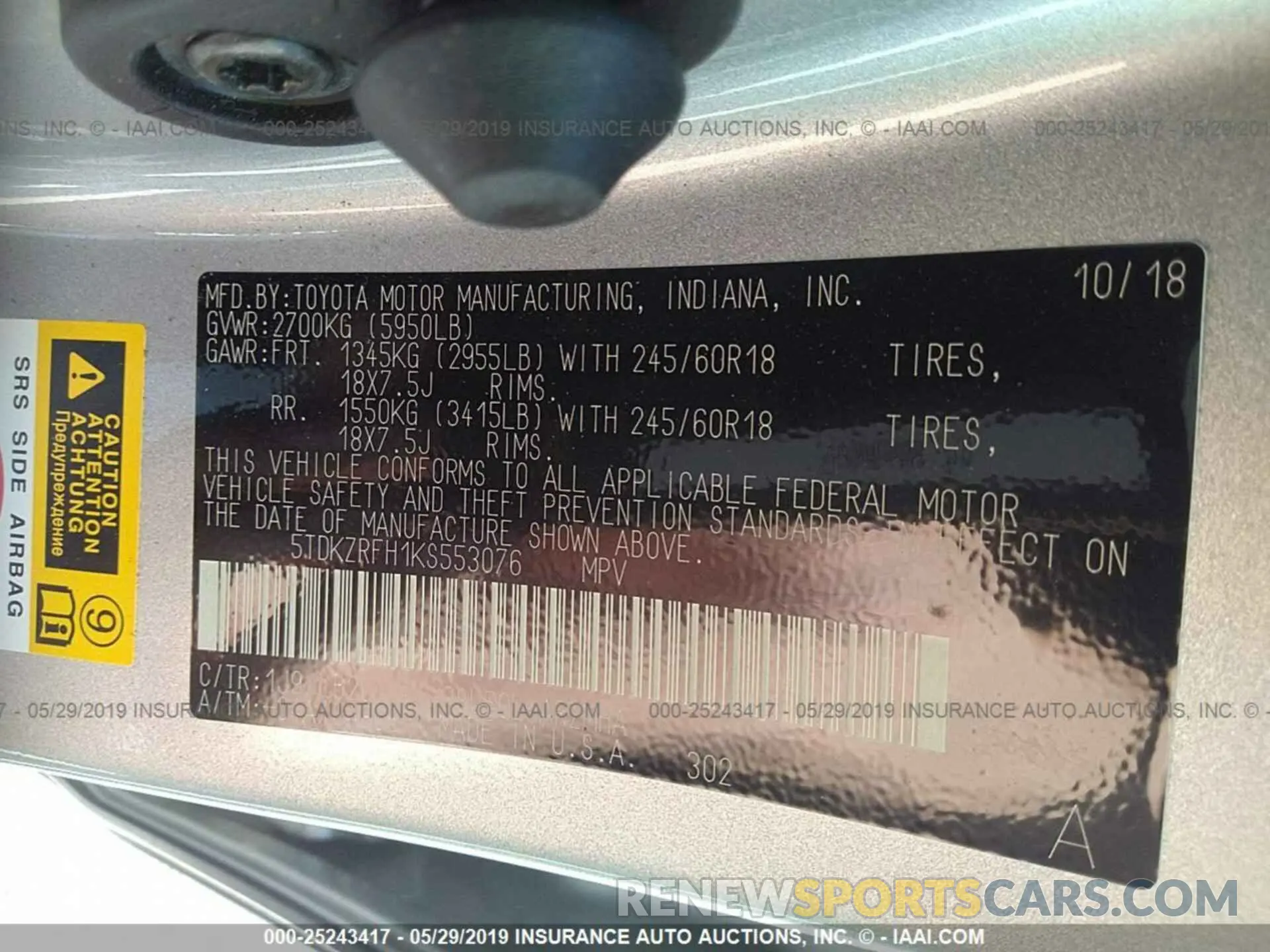 9 Photograph of a damaged car 5TDKZRFH1KS553076 TOYOTA HIGHLANDER 2019