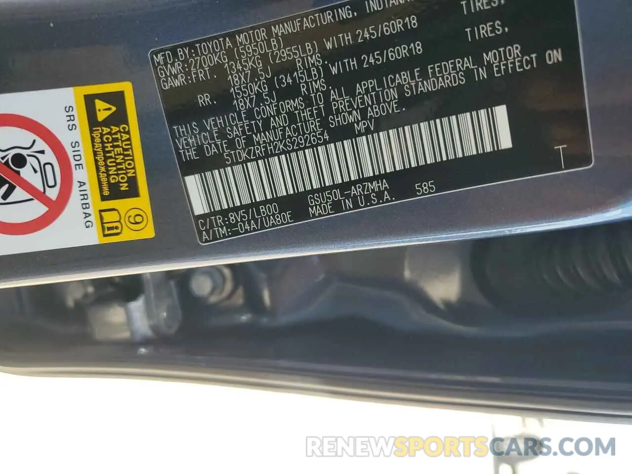 14 Photograph of a damaged car 5TDKZRFH2KS292654 TOYOTA HIGHLANDER 2019