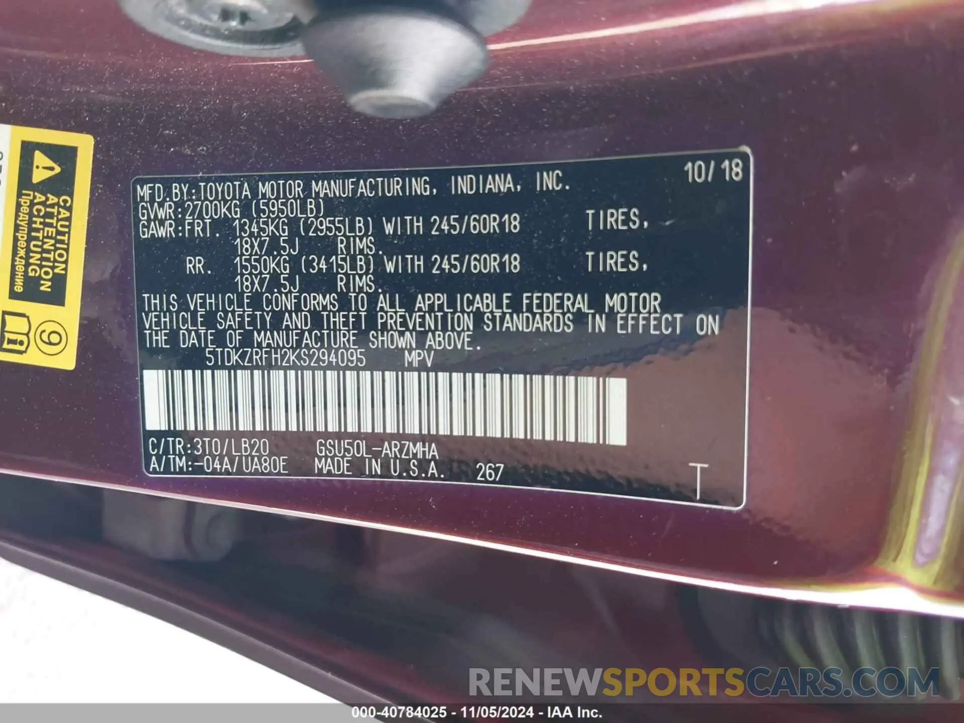 9 Photograph of a damaged car 5TDKZRFH2KS294095 TOYOTA HIGHLANDER 2019