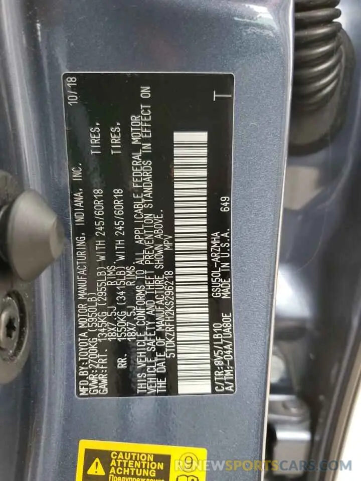 12 Photograph of a damaged car 5TDKZRFH2KS296218 TOYOTA HIGHLANDER 2019