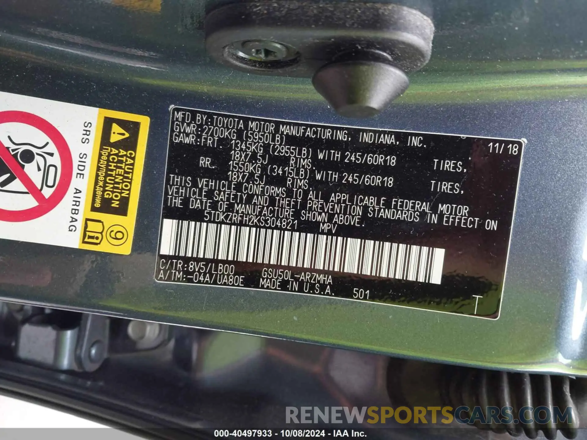 9 Photograph of a damaged car 5TDKZRFH2KS304821 TOYOTA HIGHLANDER 2019