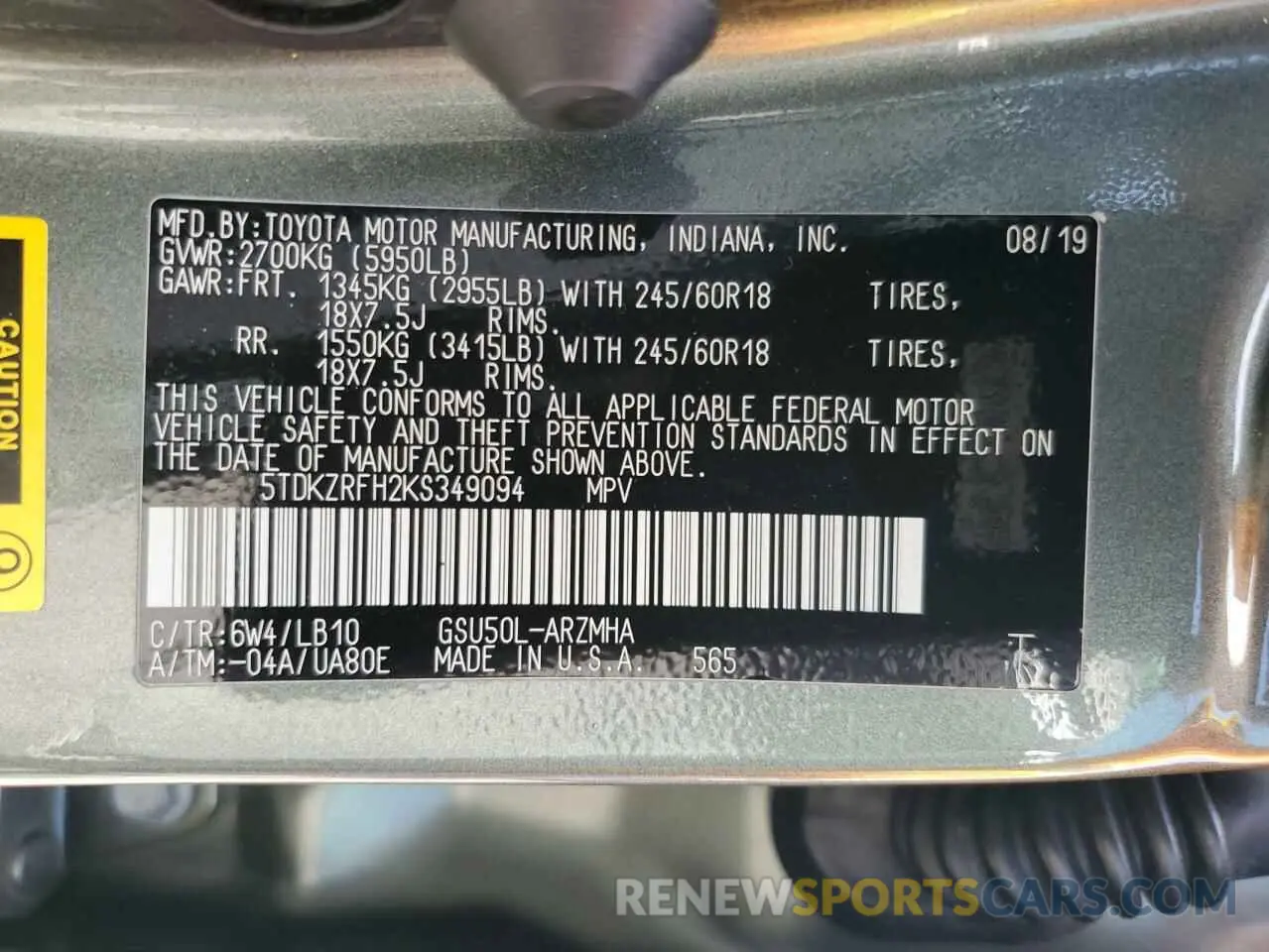 13 Photograph of a damaged car 5TDKZRFH2KS349094 TOYOTA HIGHLANDER 2019