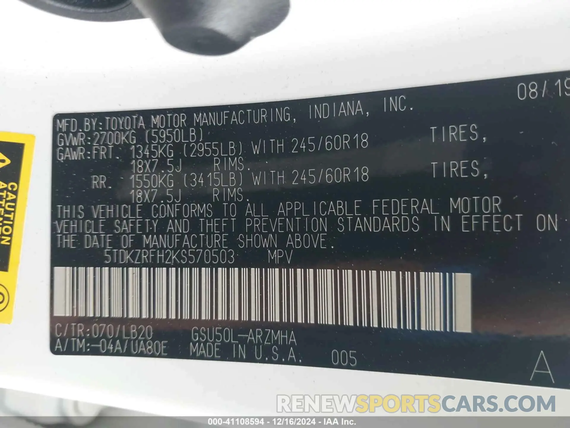 9 Photograph of a damaged car 5TDKZRFH2KS570503 TOYOTA HIGHLANDER 2019