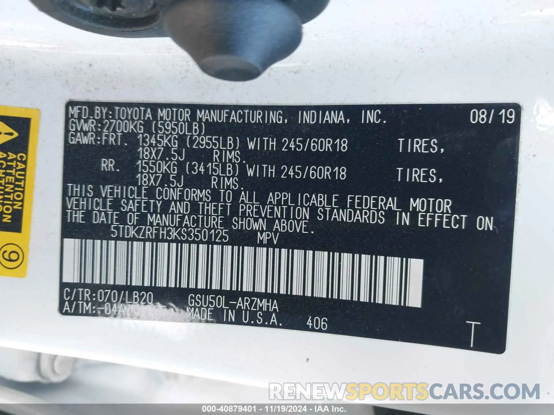 9 Photograph of a damaged car 5TDKZRFH3KS350125 TOYOTA HIGHLANDER 2019