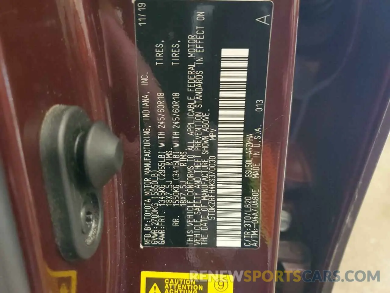 14 Photograph of a damaged car 5TDKZRFH4KS370030 TOYOTA HIGHLANDER 2019