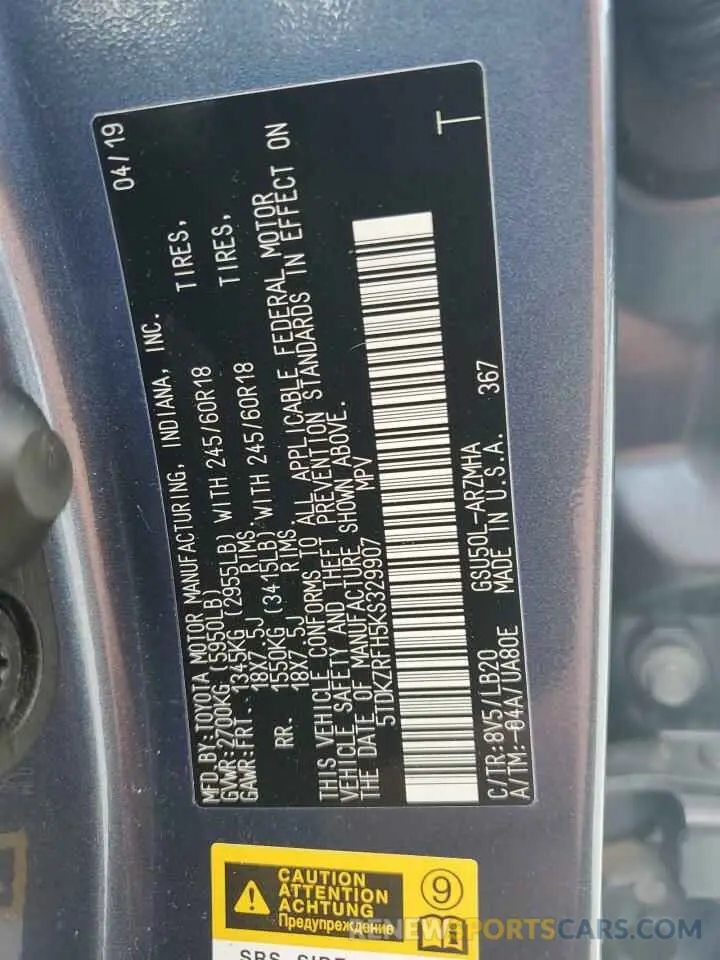 13 Photograph of a damaged car 5TDKZRFH5KS329907 TOYOTA HIGHLANDER 2019