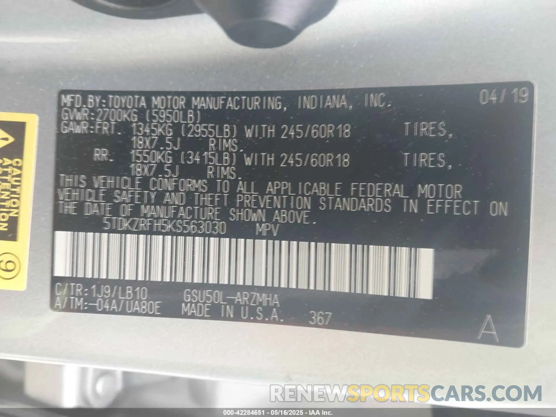 9 Photograph of a damaged car 5TDKZRFH5KS563030 TOYOTA HIGHLANDER 2019