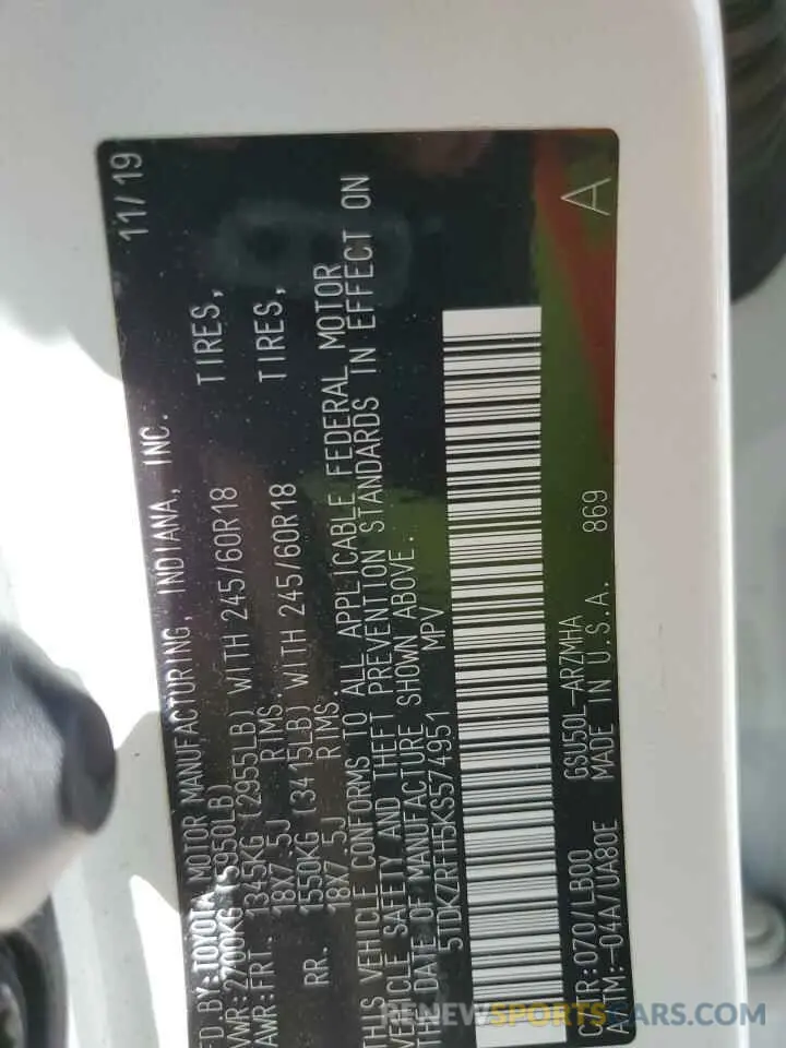 14 Photograph of a damaged car 5TDKZRFH5KS574951 TOYOTA HIGHLANDER 2019