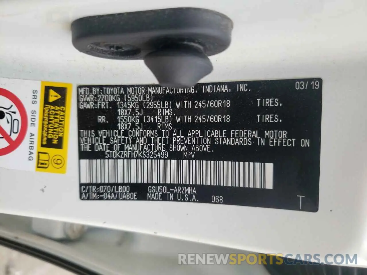15 Photograph of a damaged car 5TDKZRFH7KS325499 TOYOTA HIGHLANDER 2019