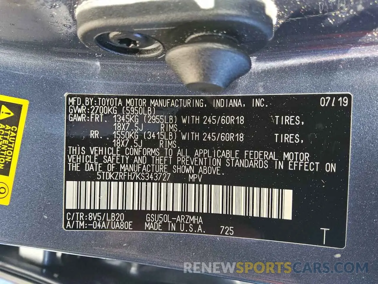 13 Photograph of a damaged car 5TDKZRFH7KS343727 TOYOTA HIGHLANDER 2019