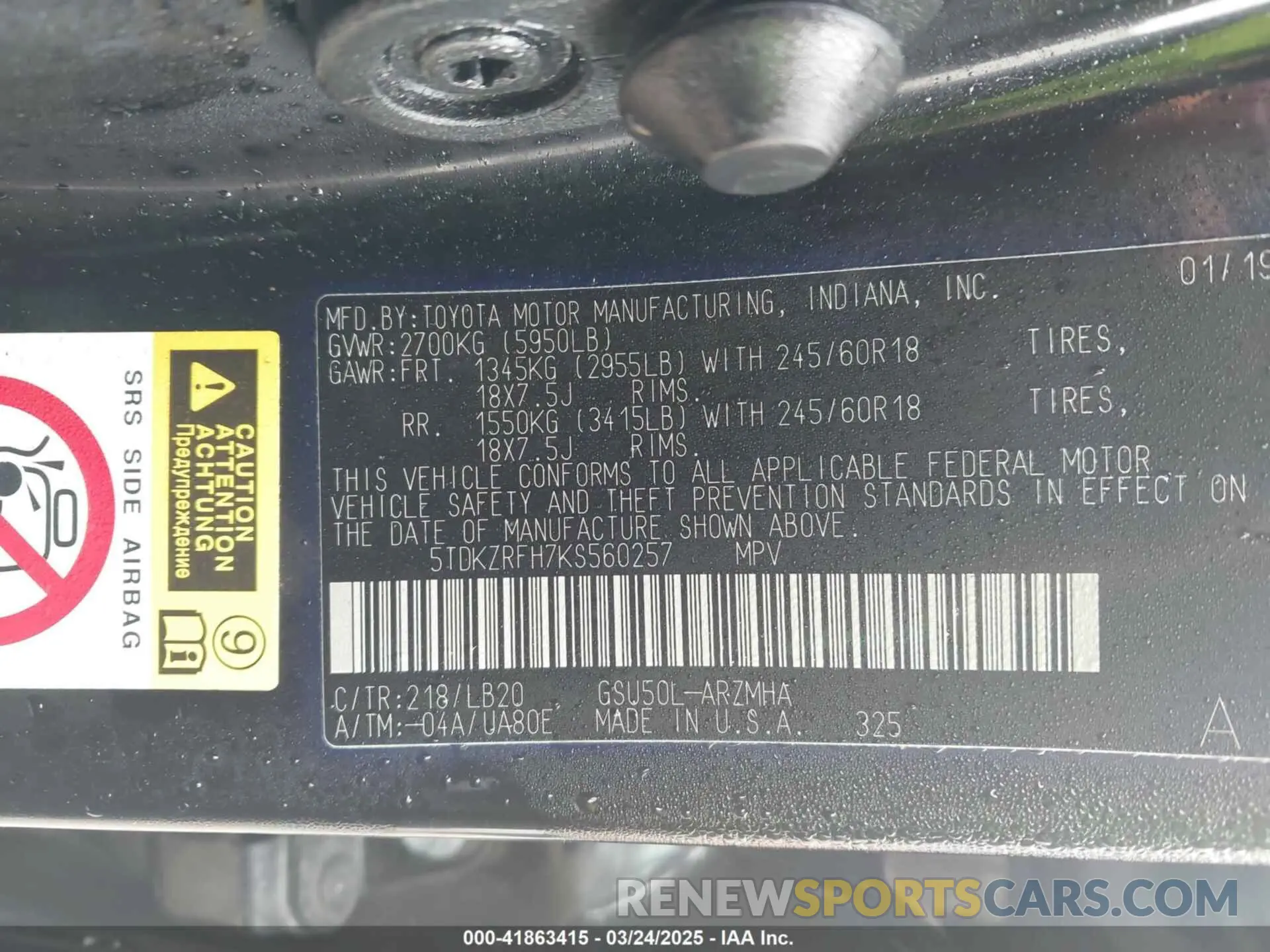 9 Photograph of a damaged car 5TDKZRFH7KS560257 TOYOTA HIGHLANDER 2019